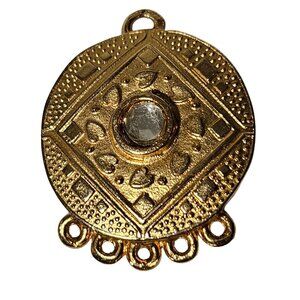 Art Deco Vintage Gold Plated Round Pendant Clear Stone Accent Tribal Statement